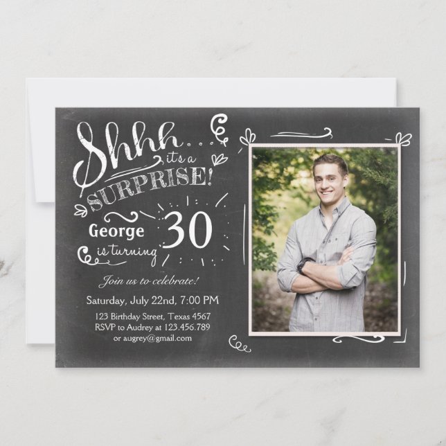 Surprise birthday invitation 30 Chalkboard Rustic (Front)