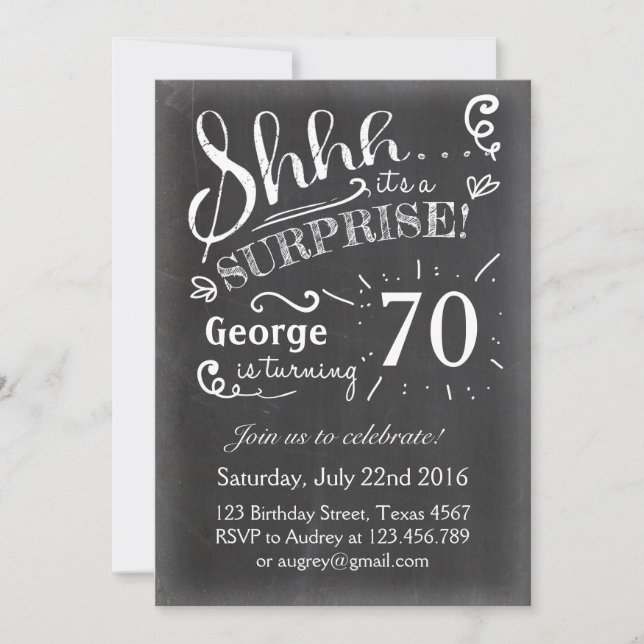 Surprise birthday invitation 70 Chalkboard Rustic (Front)