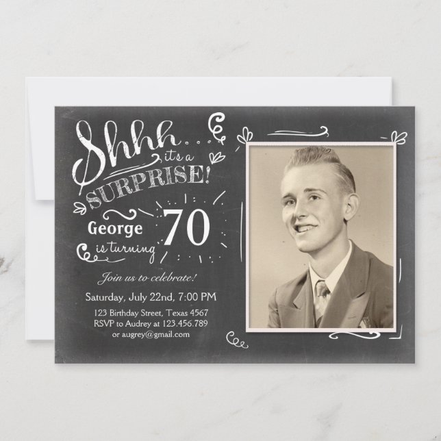 Surprise birthday invitation 70 Chalkboard Rustic (Front)