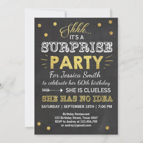 Surprise birthday invitation Chalkboard Gold