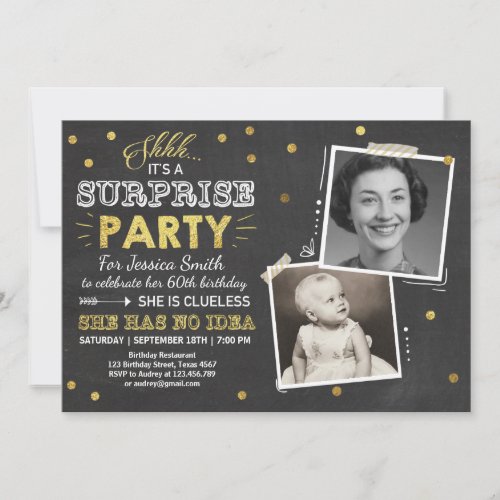 Surprise birthday invitation Chalkboard Gold