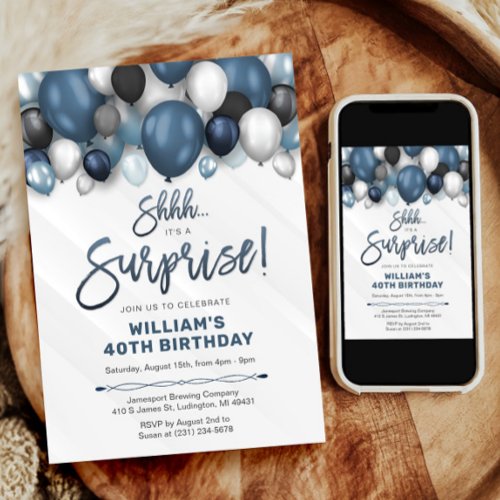 Surprise Birthday Invitation with Blue Balloons