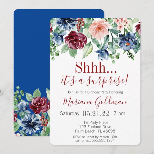 Surprise Birthday Navy Blue Burgundy Party Invitation (Front/Back)