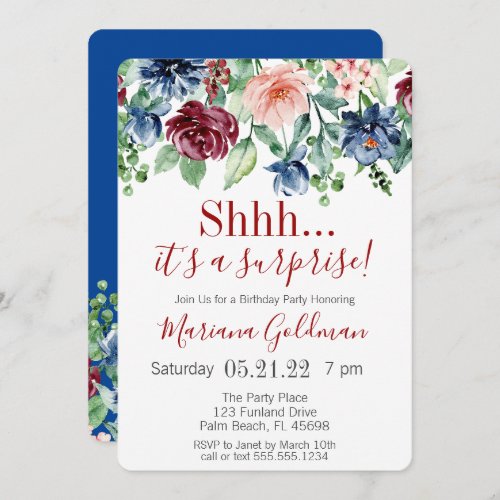 Surprise Birthday Navy Blue Burgundy Party Invitation