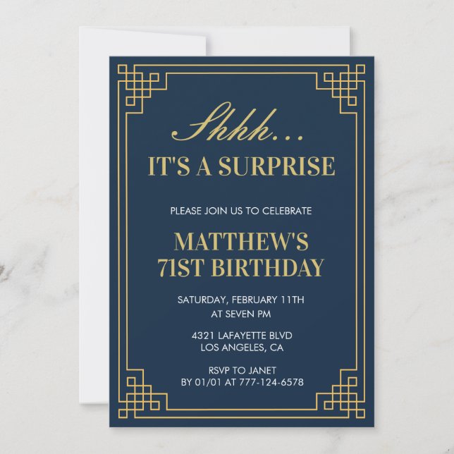 Surprise Birthday Navy blue Gold Men 71st birthday Invitation (Front)