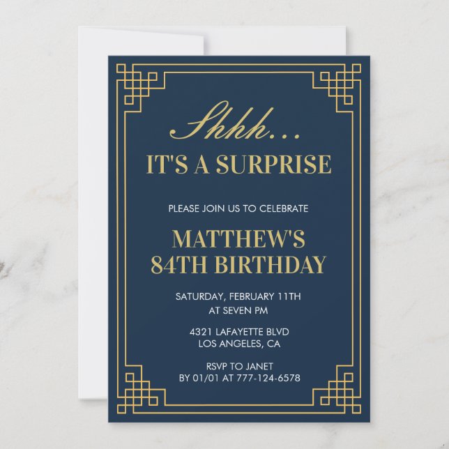 Surprise Birthday Navy blue Gold Men 84th birthday Invitation (Front)