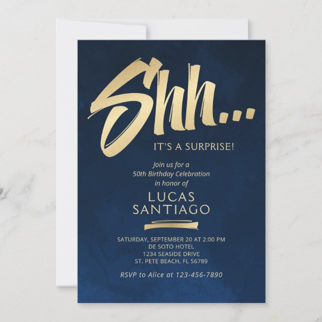 Surprise Birthday Navy Gold Invitation (Front)