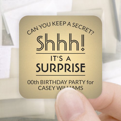 Surprise Birthday Party Black and Faux Gold Foil Square Sticker