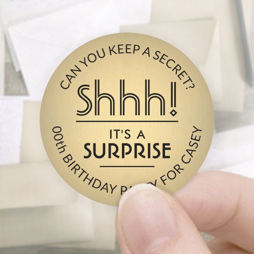 Surprise Birthday Party Black and Gold Faux Foil Classic Round Sticker