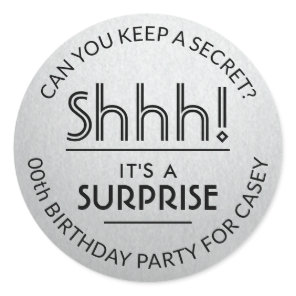 Surprise Birthday Party Black and Silver Faux Foil Classic Round Sticker Surprise Birthday Party Black and Silver Faux Foil Classic Round Sticker