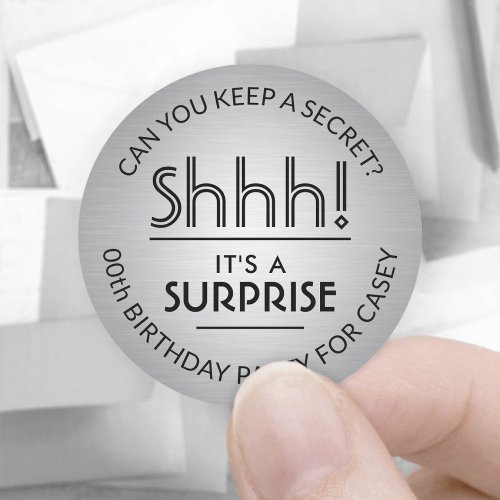 Surprise Birthday Party Black and Silver Faux Foil Classic Round Sticker