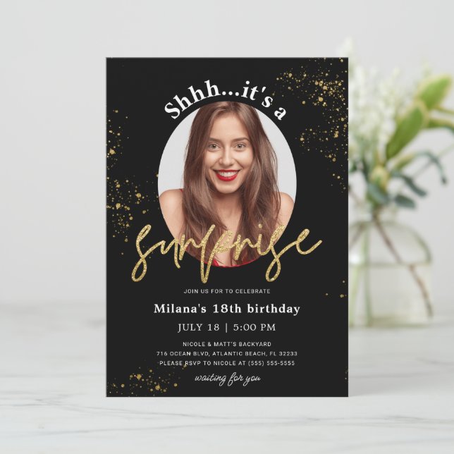 Surprise Birthday Party Black Gold Invitation Card (Standing Front)