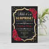 Surprise Birthday Party - Black Gold Red Roses Invitation (Standing Front)