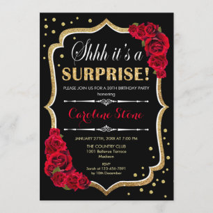 Surprise Birthday Party - Black Gold Red Roses Invitation