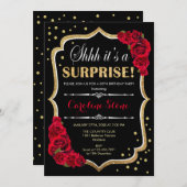 Surprise Birthday Party - Black Gold Red Roses Invitation (Front/Back)