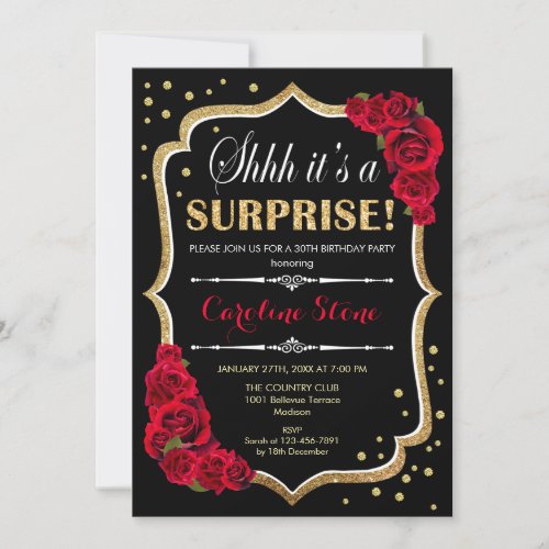 Surprise Birthday Party _ Black Gold Red Roses Invitation