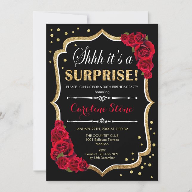 Surprise Birthday Party - Black Gold Red Roses Invitation (Front)