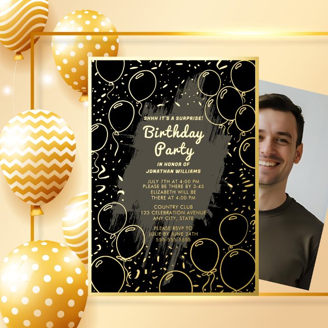 Surprise Birthday Party Black Gray for Him Gold  Foil Invitation (Creator Uploaded)