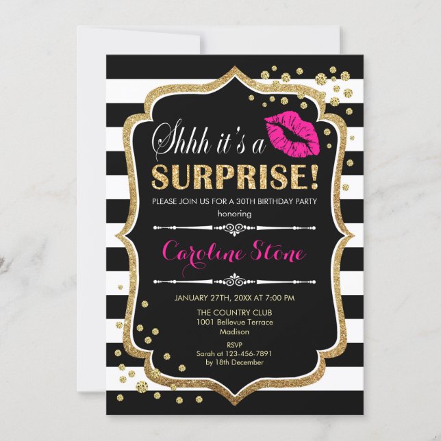 Surprise Birthday Party - Black Pink Gold Invitation (Front)