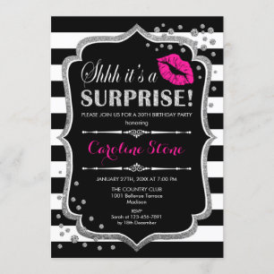 Surprise Birthday Party - Black Pink Silver Invitation