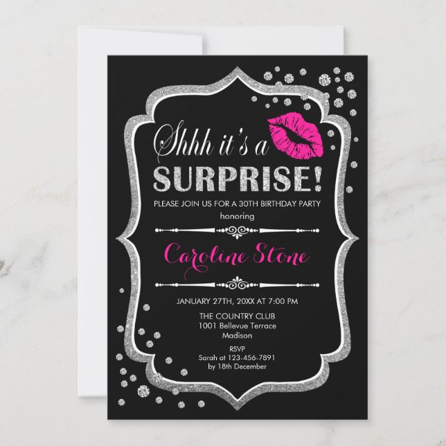 Surprise Birthday Party - Black Pink Silver Invitation (Front)