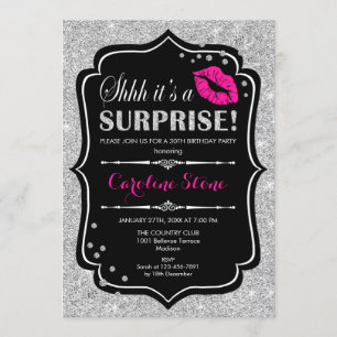 Surprise Birthday Party - Black Pink Silver Invitation