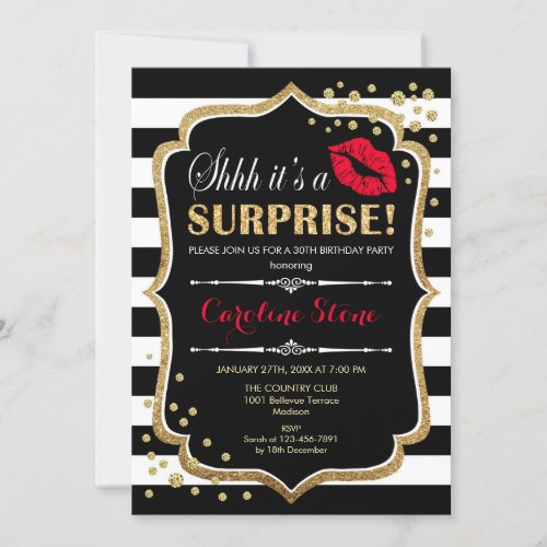 Surprise Birthday Party _ Black Red Gold Invitation