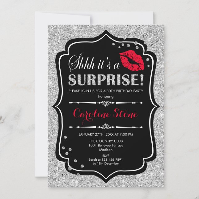 Surprise Birthday Party - Black Red Silver Invitation (Front)