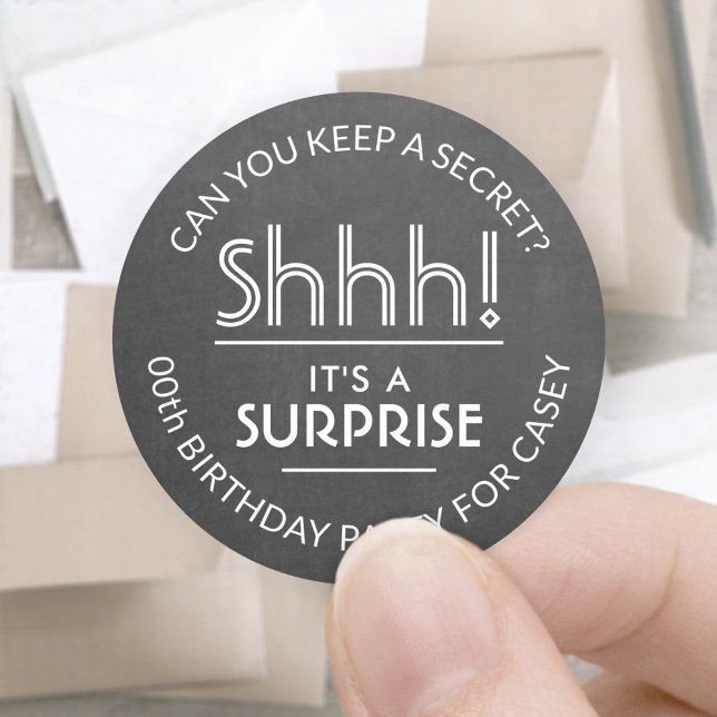 Surprise Birthday Party Black & White Chalkboard Classic Round Sticker (Creator Uploaded)