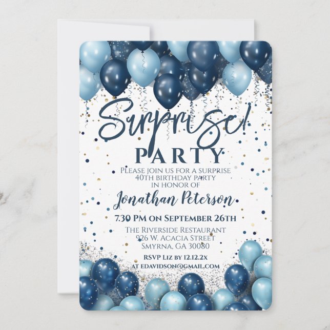 Surprise Birthday Party Blue Balloon Invitation (Front)