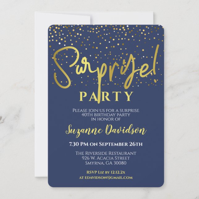 Surprise Birthday Party Blue Gold Typography Invitation (Front)