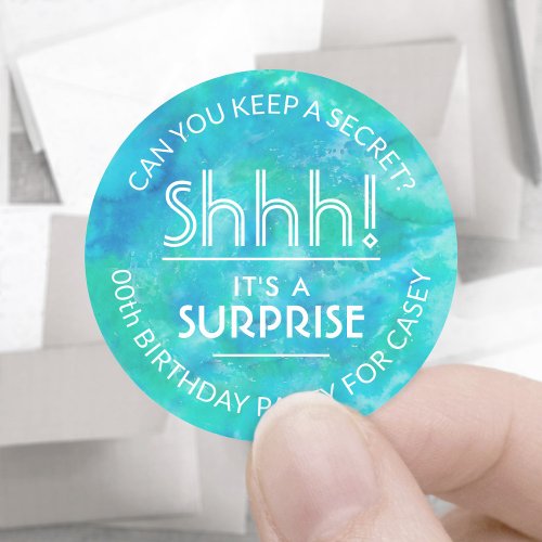Surprise Birthday Party Blue  Green Watercolor Classic Round Sticker