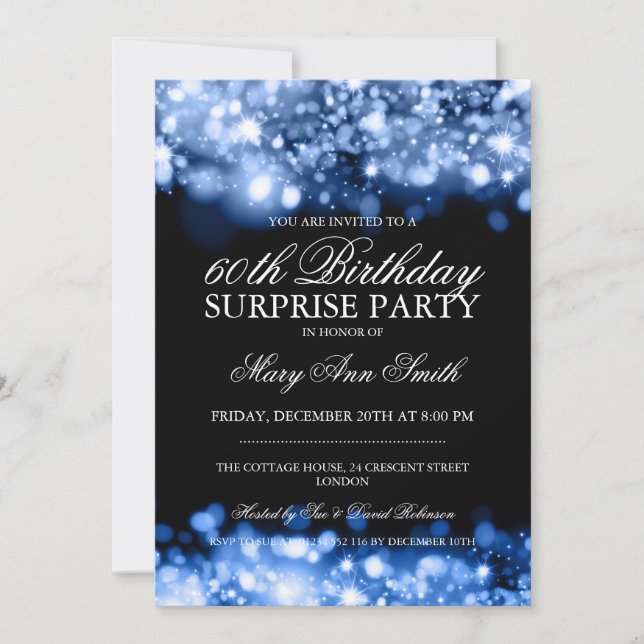 Surprise Birthday Party Blue Sparkling Lights Invitation (Front)