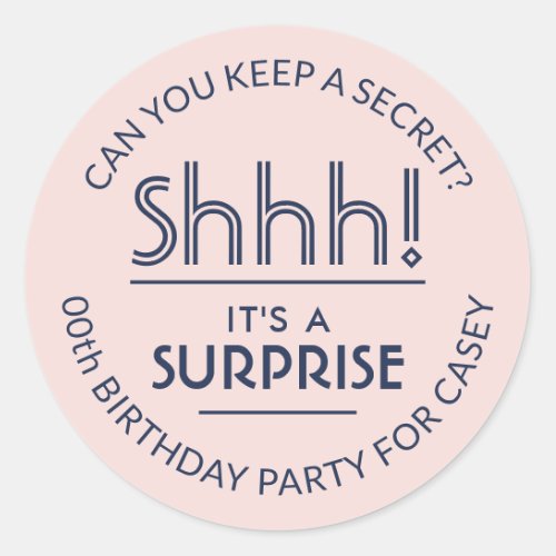 Surprise Birthday Party Blush Pink and Navy Blue Classic Round Sticker
