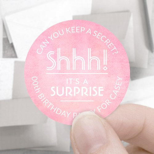 Surprise Birthday Party Blush Pink Watercolor Classic Round Sticker