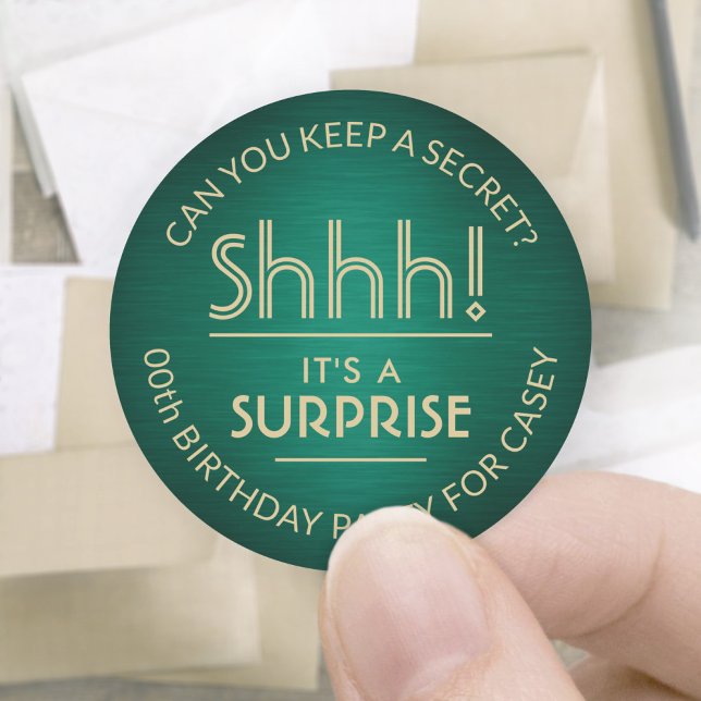 Surprise Birthday Party Brushed Green and Gold Classic Round Sticker (Creator Uploaded)