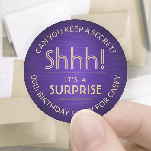 Surprise Birthday Party Brushed Purple and Gold Classic Round Sticker
