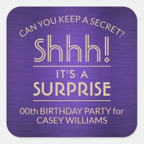 Surprise Birthday Party Brushed Purple and Gold Square Sticker