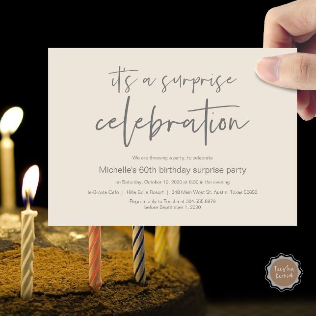Surprise Birthday Party Celebration Invitation (Surprise Birthday Party Celebration Invitation Card, PDF, in Cream and Dark Grey)