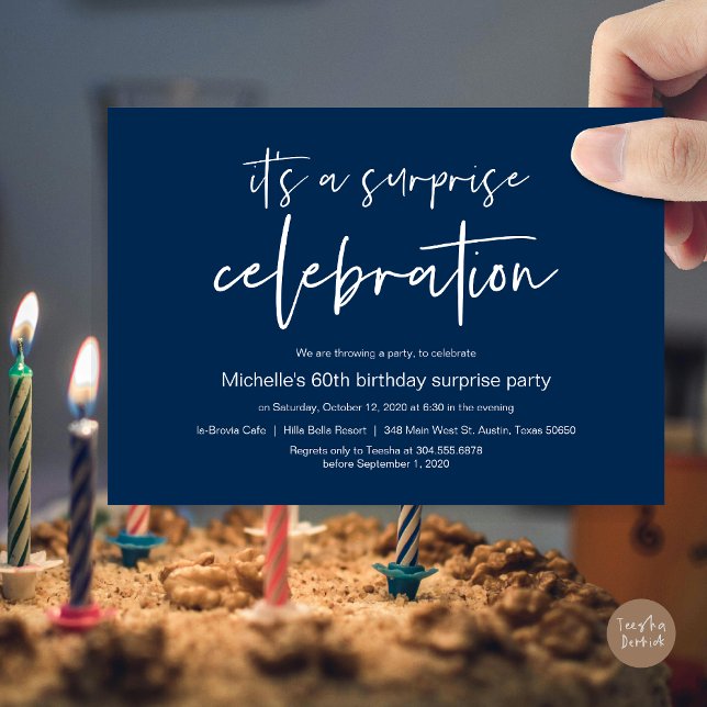 Surprise Birthday Party Celebration Invitation (Surprise Birthday Party Celebration Invitation Card, PDF, in Navy Blue)