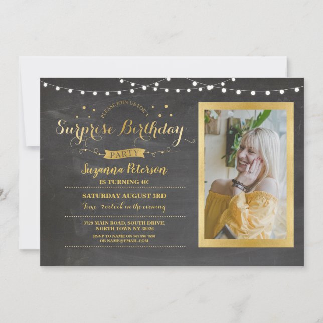 Surprise Birthday Party Chalk Any Age Invite Gold (Front)