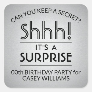 Surprise Birthday Party Elegant Black and Gray Square Sticker