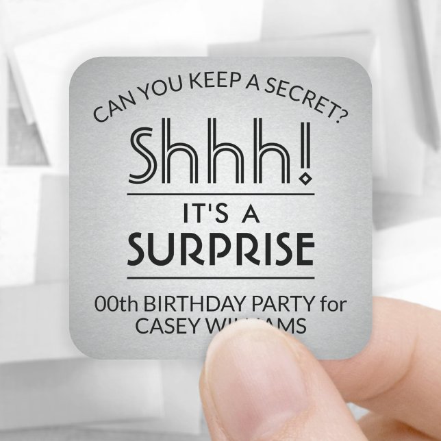 Surprise Birthday Party Elegant Black and Gray Square Sticker (Creator Uploaded)