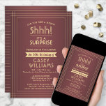 Surprise Birthday Party Elegant Burgundy and Gold Invitation<br><div class="desc">Can you keep a secret? Invite family and friends to an elegant and exciting surprise birthday celebration with custom burgundy and gold party invitations. All wording on this template is simple to personalize, including message that reads "Shhh! It's a SURPRISE." The design features a modern striped border on a dark...</div>