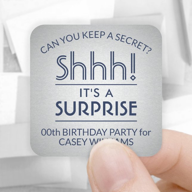 Surprise Birthday Party Elegant Navy Blue and Gray Square Sticker (Creator Uploaded)
