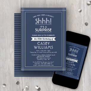 Surprise Birthday Party Elegant Navy Blue & White Invitation