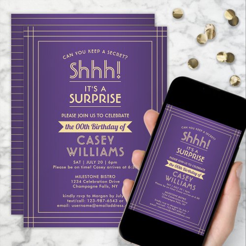 Surprise Birthday Party Elegant Purple and Gold Invitation
