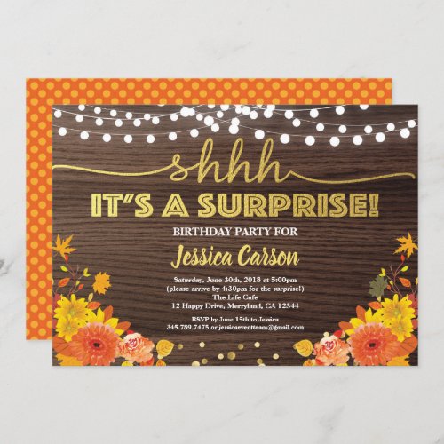 Surprise birthday party fall rustic wood floral invitation