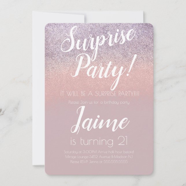 Surprise Birthday Party Glitter Pink Ombre Invitation (Front)