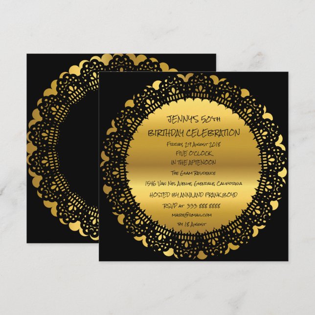 Surprise Birthday Party Golden Black Lace Glam Invitation (Front/Back)